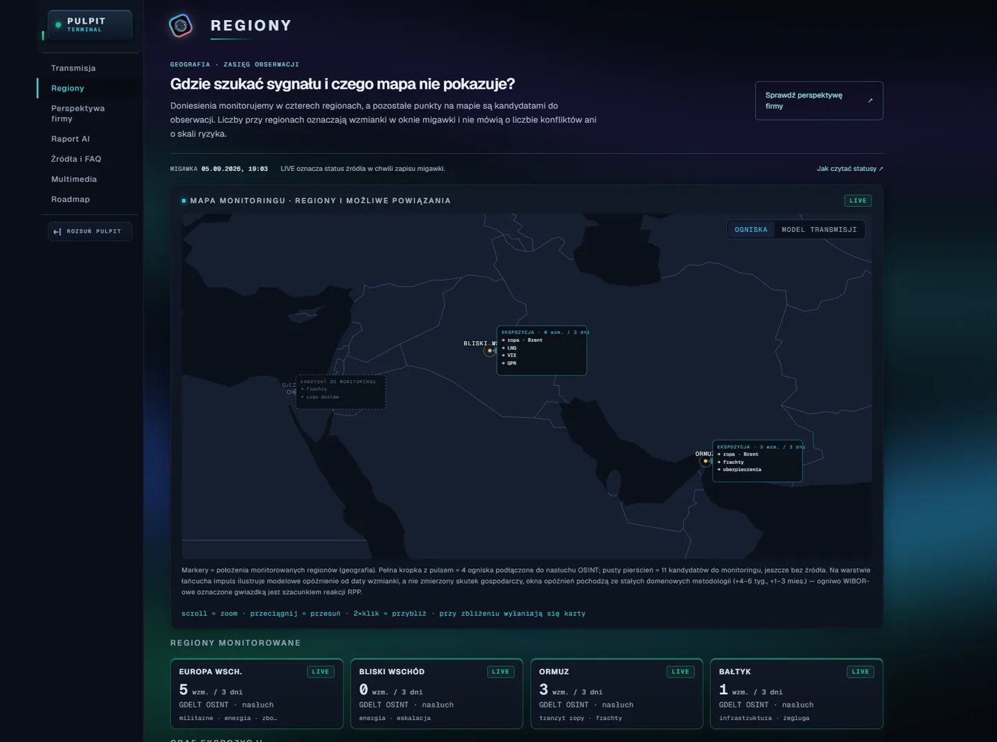 Geo Pulse — Regiony: mapa po zbliżeniu na Bliski Wschód, karty ekspozycji przy Ormuzie i Suezie